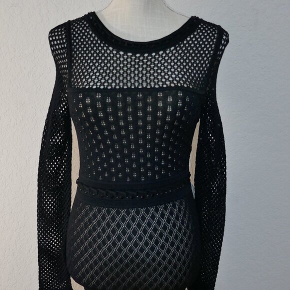 Venus Knit Beaded Eyelet Black Bodycon Mesh Midi Stretch Dress Long Sleeve Small - Picture 3 of 10